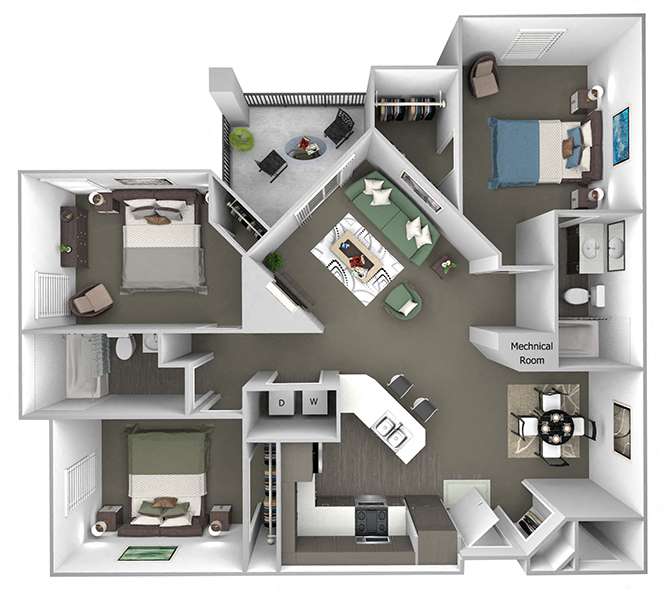 Floor plan for 3 beds, 2 baths, 1273 sqft